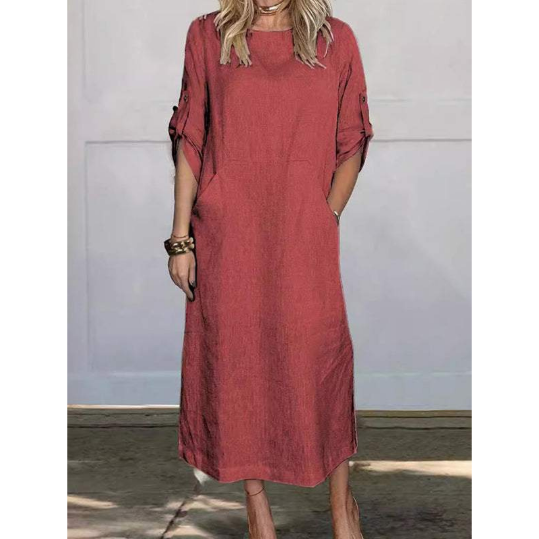 Linen Blend Roll Tab Sleeve Patch Pocket Relaxed Midi Dress