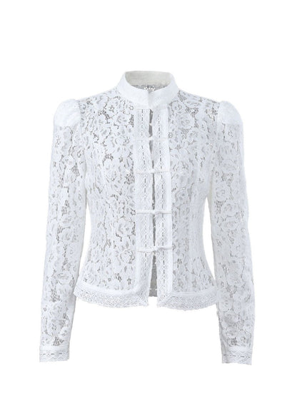Lace Crochet Stand Collar Slim-fit Long Sleeve Sheer Top