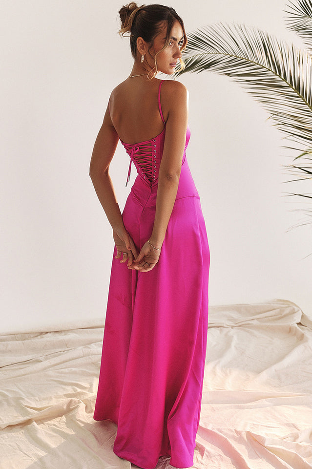 Satin Corset Bustier Spaghetti Strap Basque Waist A-Line Maxi Gown
