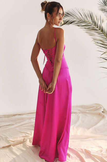 Satin Corset Bustier Spaghetti Strap Basque Waist A-Line Maxi Gown