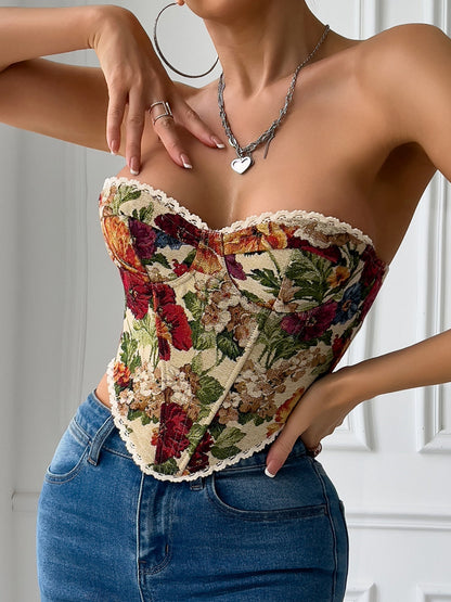 Floral Print Strapless Lace Tethered Fish Bones Strapless Bra