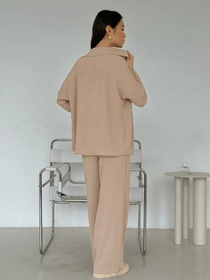 Solid Color Cardigan With Pockets, Casual Wide-leg Trousers 2-piece Sets