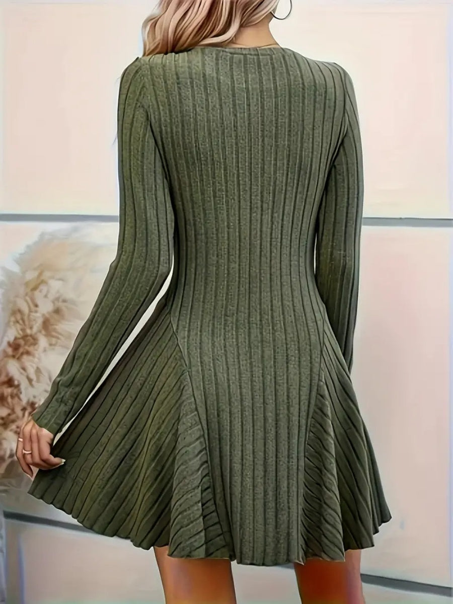 Pit Strip Knitting V-neck Long Sleeve Long Skirt Mini&Short Dresses