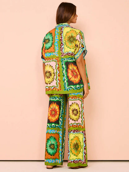Printed Vacation Long-sleeved Shirt Pants Wide Leg Set 2-piece Sets