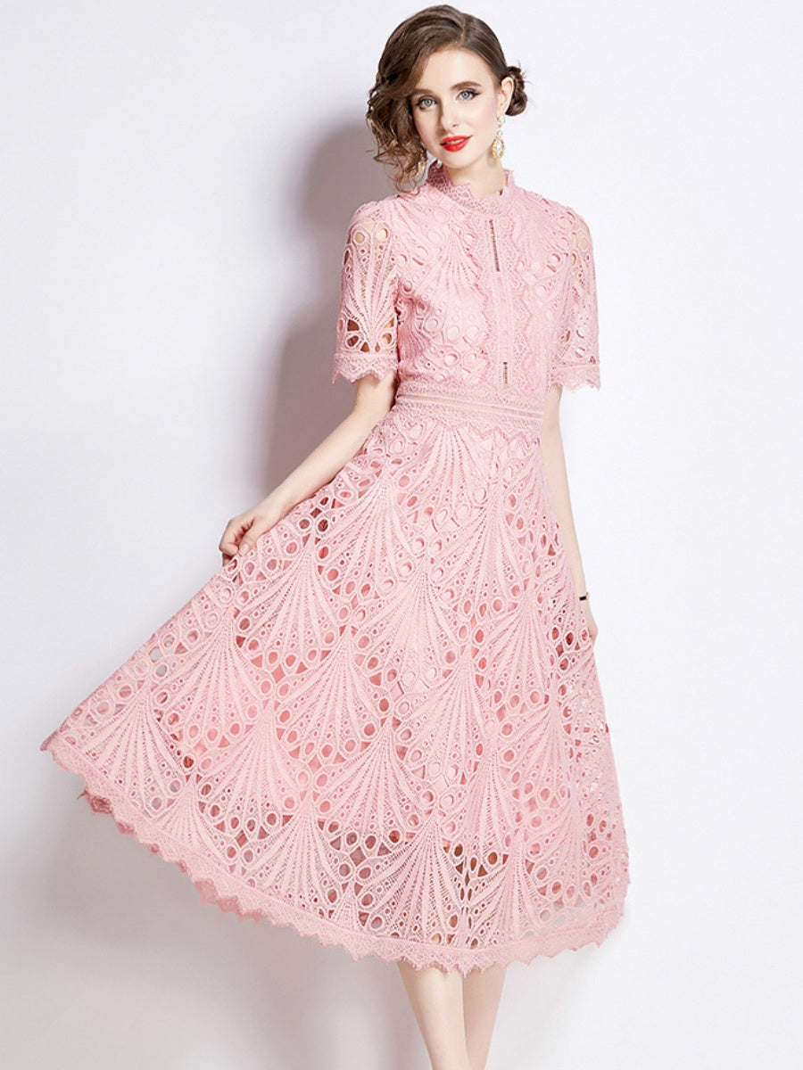 Crocheted Embroidered Lace Midi Dress