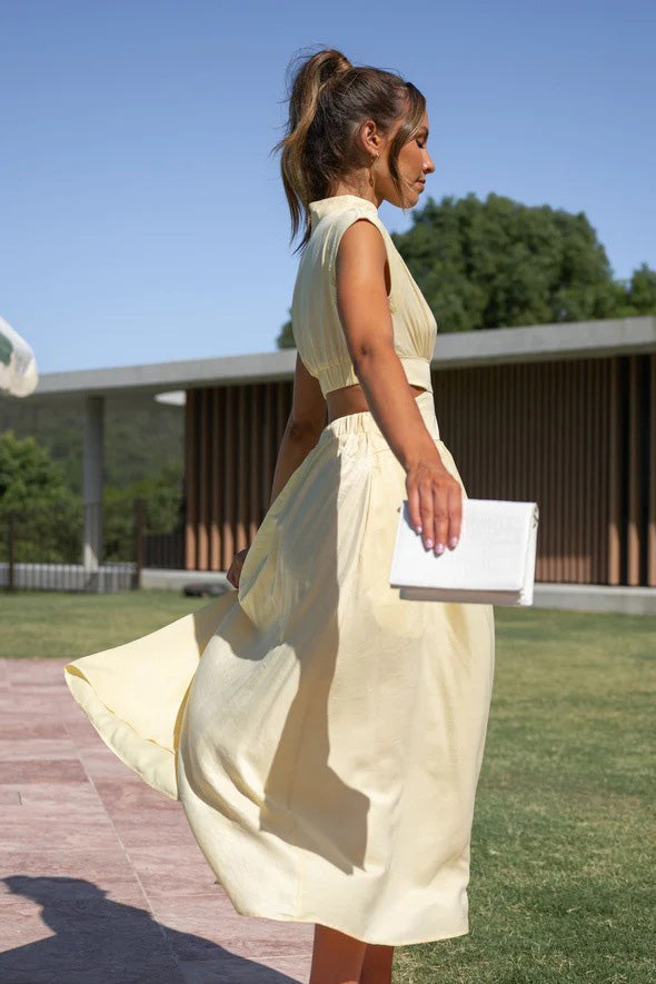 Mock Neck Ruched Bodice Waist Cut Out Flowy Midi Dress