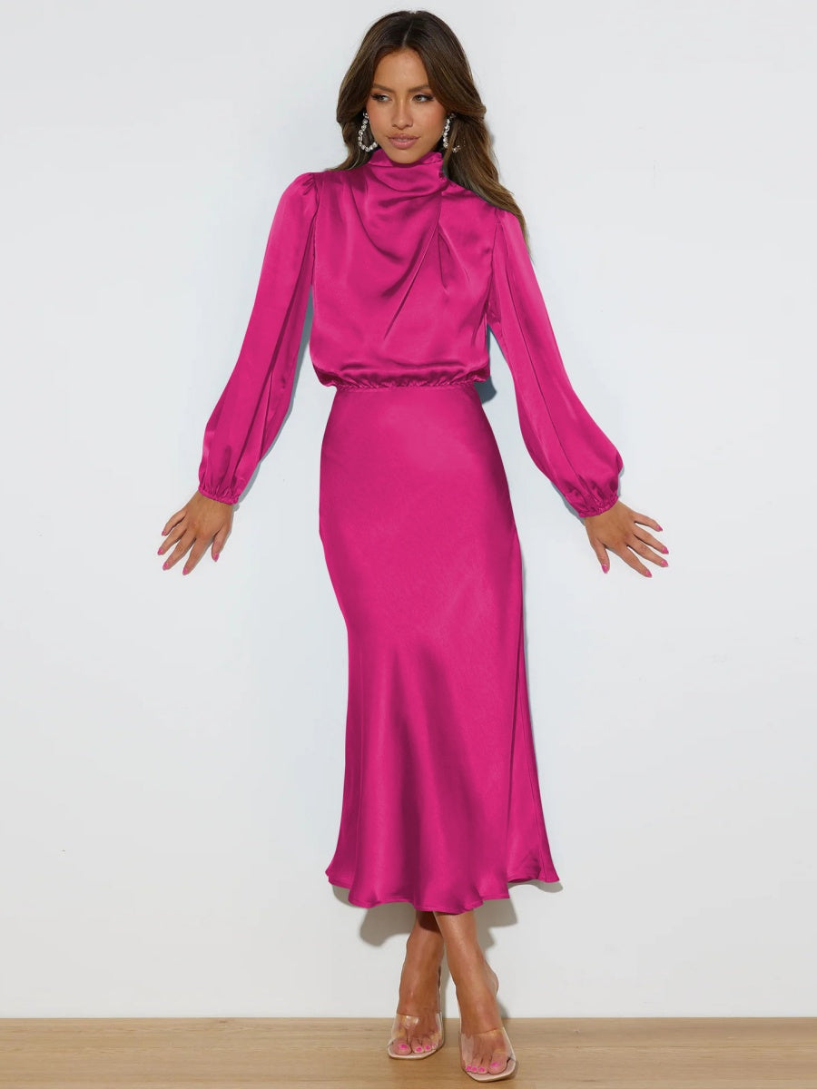 Satin Long Sleeve Zipper Solid Color Maxi Dresses