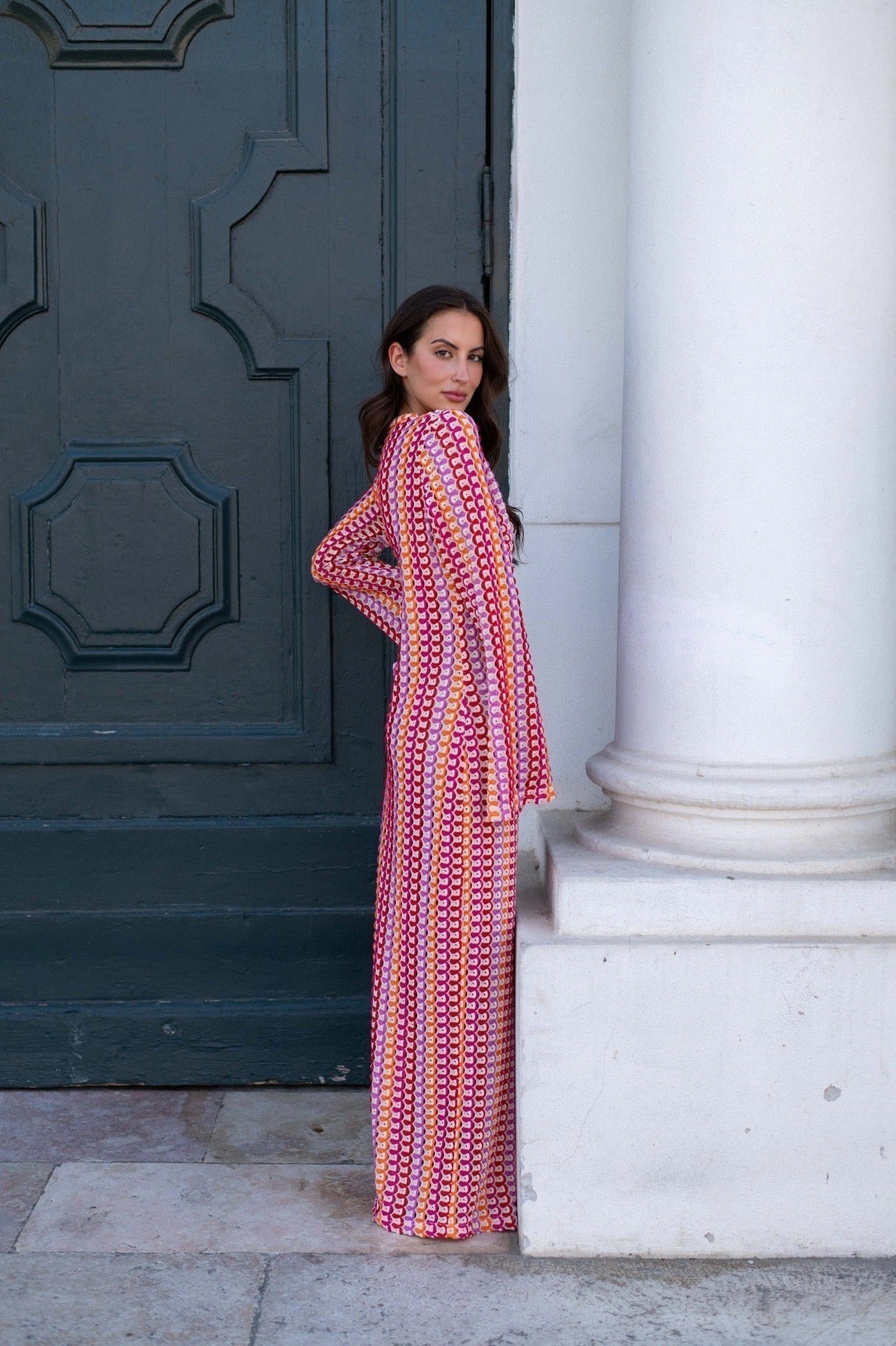 Scallop Circle Print Deep V-Neck Long Sleeve Front Slit Maxi Dress