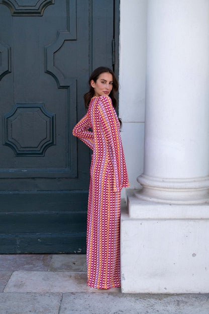 Scallop Circle Print Deep V-Neck Long Sleeve Front Slit Maxi Dress
