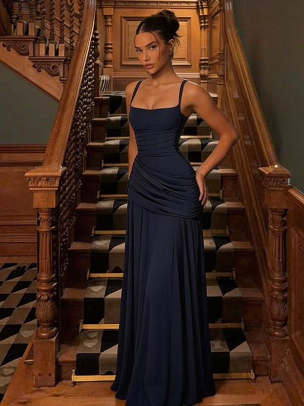 Solid Color Sleeveless Long Bodycon Dress With Back Tie Design