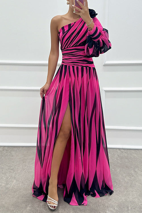 Margovil One Shoulder Waisted Slit Printed Maxi Dress