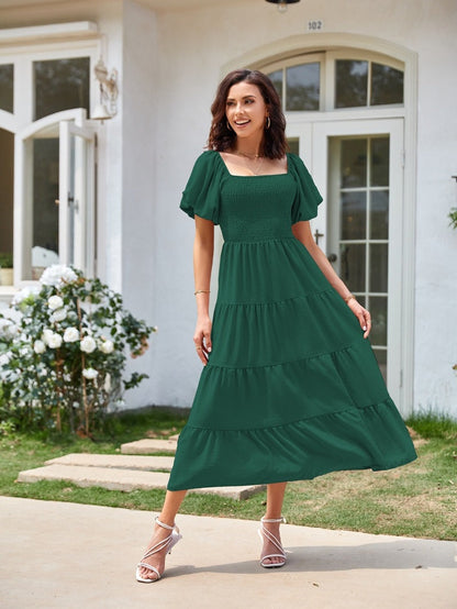 Square Neck, Backless, Puff Sleeve, Pleated Short-sleeved Long Dress
