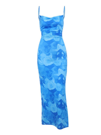 Flowers Printed Waist-cinching And Hip-hugging Swing Collar Camisoles Maxi Dresses