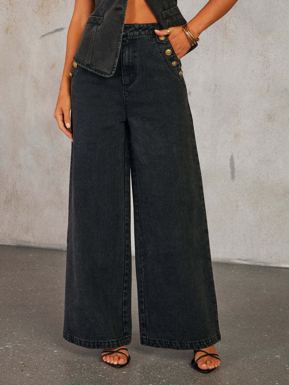 Denim Vest Wide-leg Long Two-piece Set