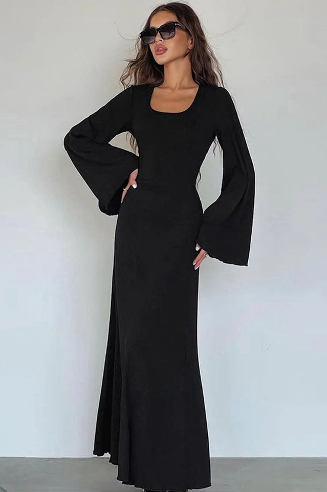 Ribbed Knit Scoop Neck Bell Sleeve Bodycon Maxi Dress