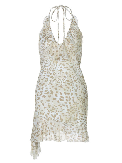 Leopard Print Sexy Deep V Bodycon Halter Neck Short Dress With Ruffled Trim