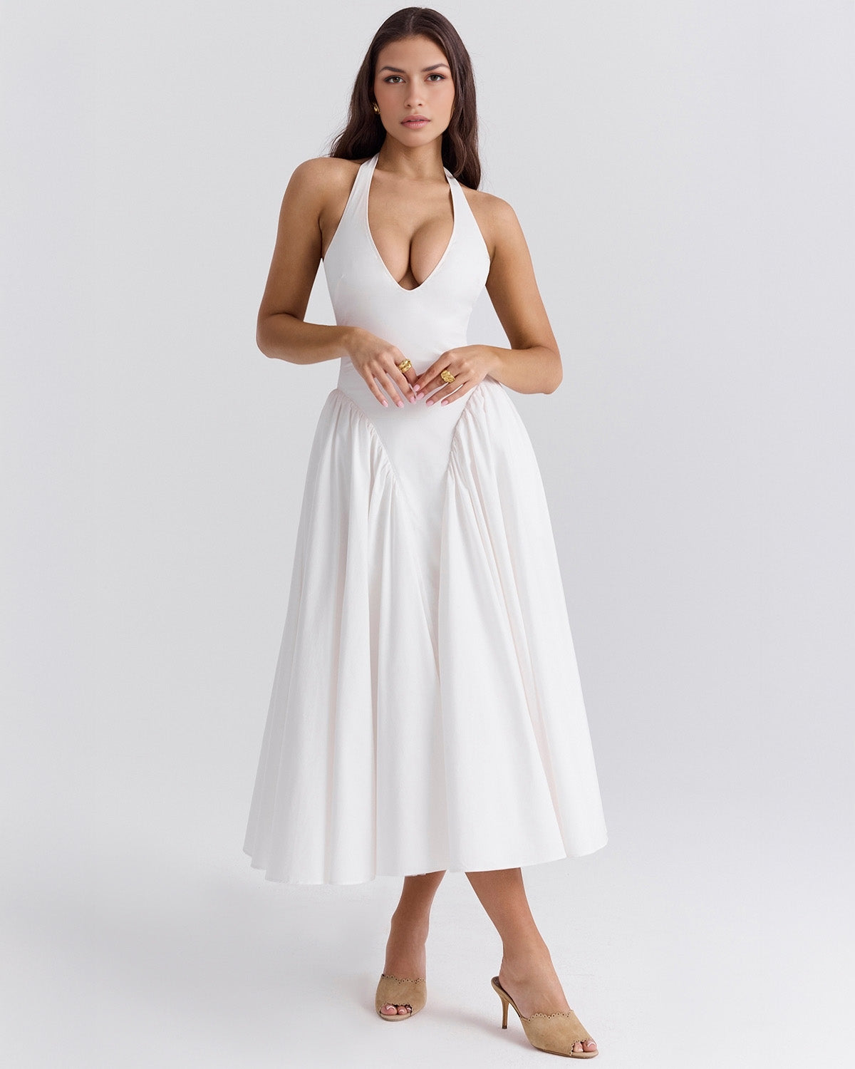 Halter Neck Plunging V Neck Dropped Waist Pleated Full Skirt Midi Dress