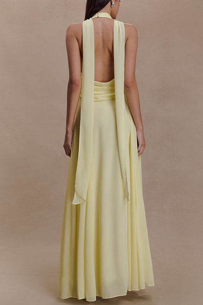 Santal Chiffon Detachable Halter Cowl Neck Scarf Floral Diamante Trims Maxi Dress