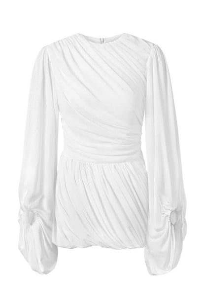 Solid Color Round Neck Lantern Long Sleeve Pleated Casual Mini Dress