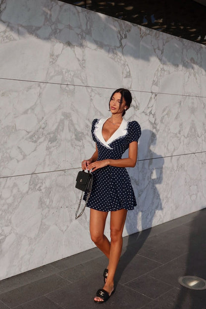 Vintage Lace Trim Polka Dot V-Neck Fitted Mini Dress