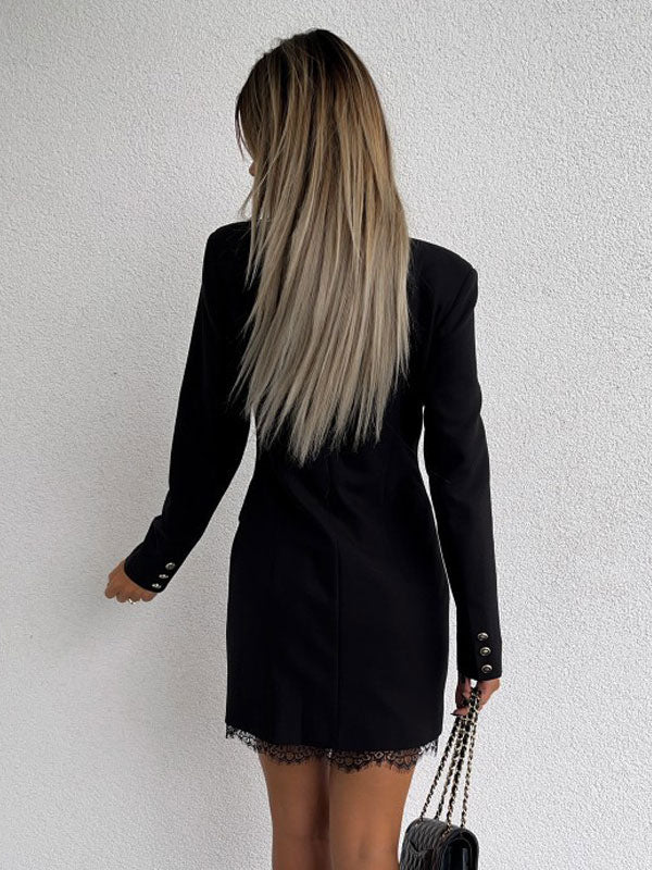 Blazer Dress Double Breasted Solid Color Lace Hem Relaxed Fit Casual Spring Fall Outerwear For Women