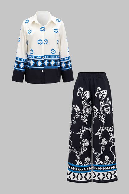 Floral Print Long-Sleeve And Wide Leg Long Sleeve Trousers Set