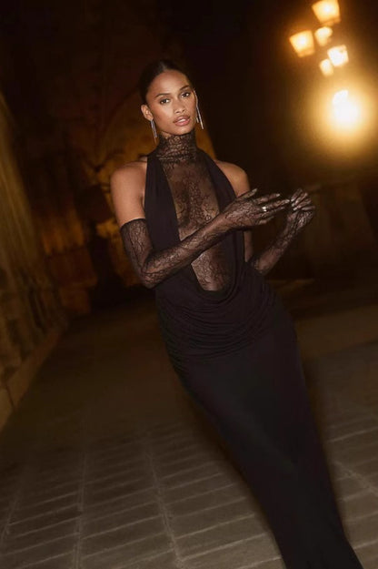 Mock Neck Lace Cowl Overlay Ruched Column Maxi Dress