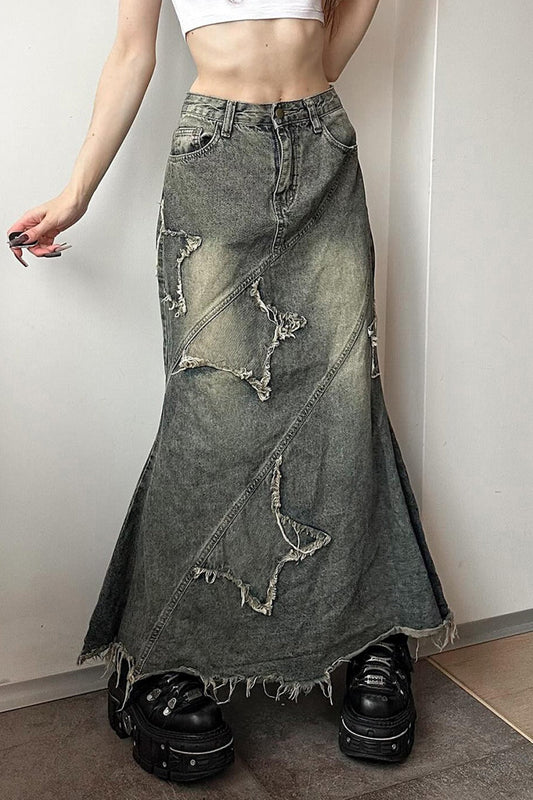 Y2K Raw Hem High Waist Denim Skirt
