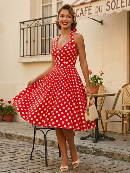 Vintage 1950s Polka Dot Midi Swing Dress for Women - Halter Neck A-Line Rockabilly Pinup Sun Dress - Holiday Picnic 2026