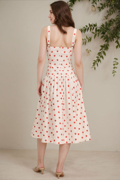 Polka Dot Print Button-Front Wide-Strap Square Neck Cami Maxi Dress