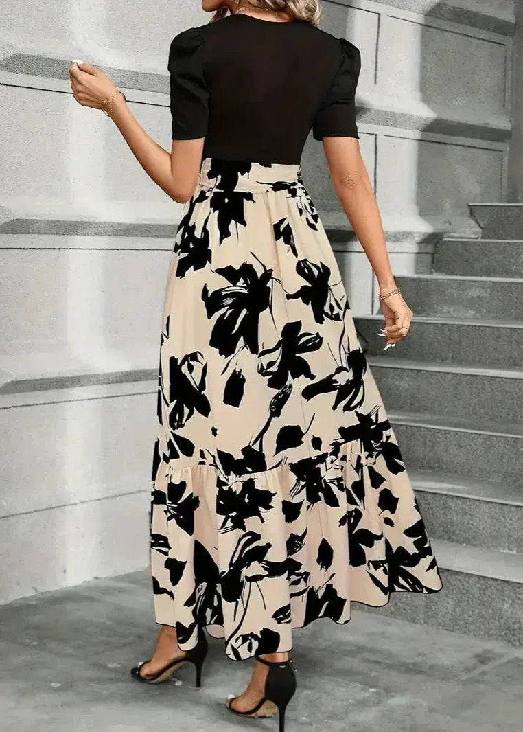 Puff Sleeve Crew Neck Abstract Floral Print Tie Waist Tiered Maxi Dress