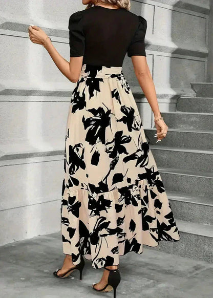 Puff Sleeve Crew Neck Abstract Floral Print Tie Waist Tiered Maxi Dress