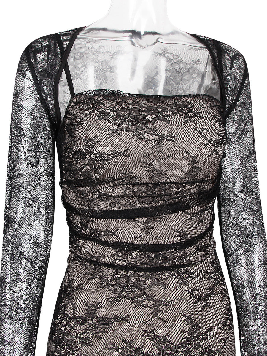 Trumpet Dress Lace-up Cutout Floral Embroidery Long Sleeves Prom Dresses