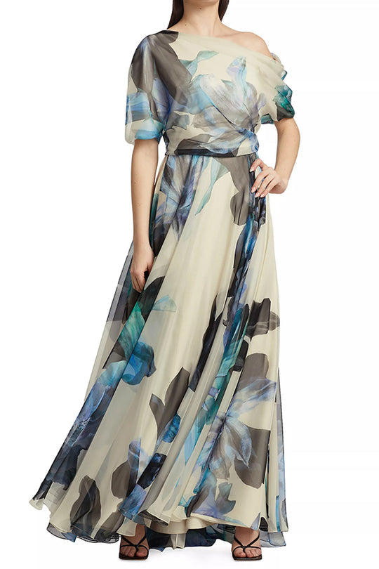 Floral Print One Shoulder Draped Sleeve Belted Pleated Maxi Dress