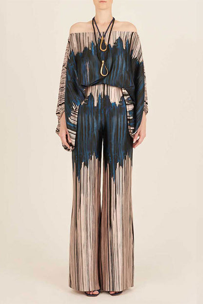Coco Satin Unique Print Off Shoulder Dolman Sleeve Top and Loose Wide Leg Pants Set