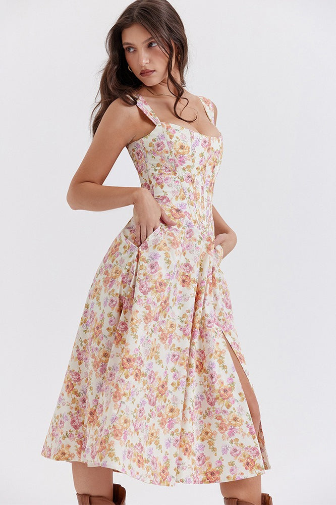 Thick Strap Sweetheart Corset Bodice Ditsy Floral Print A-Line Midi Dress