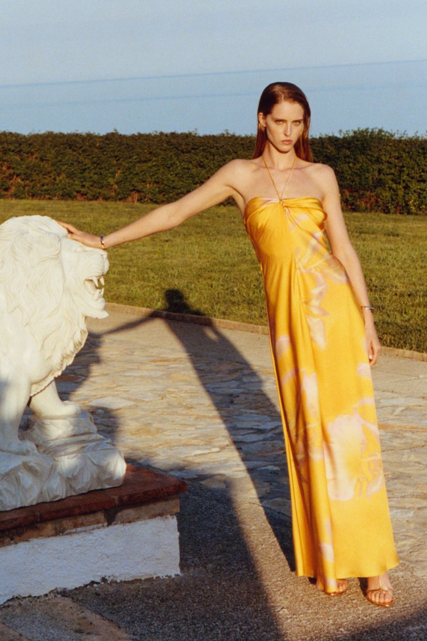 Halter Neck Twist Front Gathered Bodice Abstract Floral Satin Maxi Dress