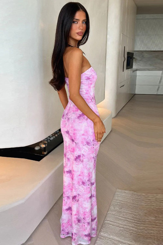 Strapless Large Scale Floral Print Bodycon Maxi Dress