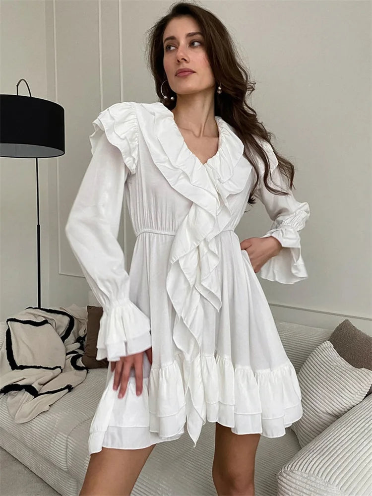 Tossy White Ruffled Mini Dress Women’s Patchwork Fashion Bandage High Waist Elegant Party Dress Slim Loose Autumn 2024 Dress New