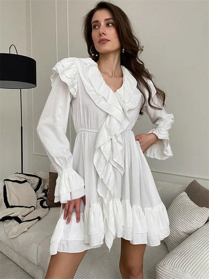 Tossy White Ruffled Mini Dress Women’s Patchwork Fashion Bandage High Waist Elegant Party Dress Slim Loose Autumn 2024 Dress New