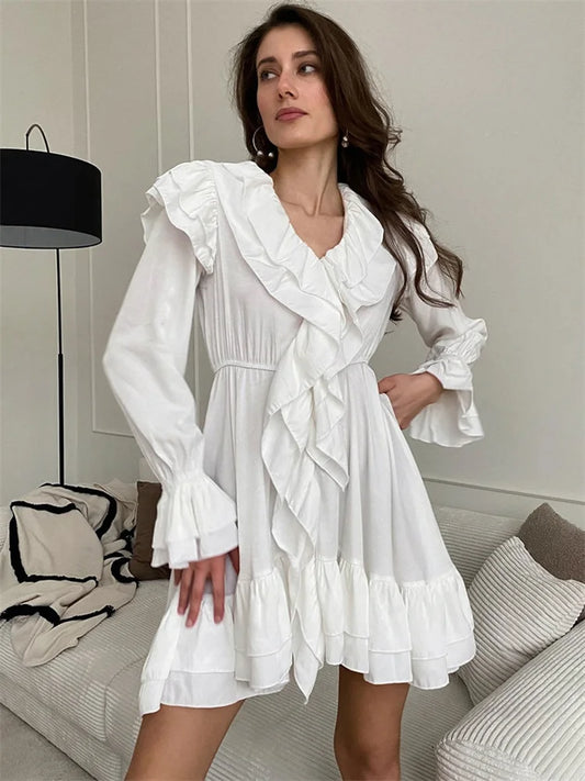 Tossy White Ruffled Mini Dress Women’s Patchwork Fashion Bandage High Waist Elegant Party Dress Slim Loose Autumn 2024 Dress New