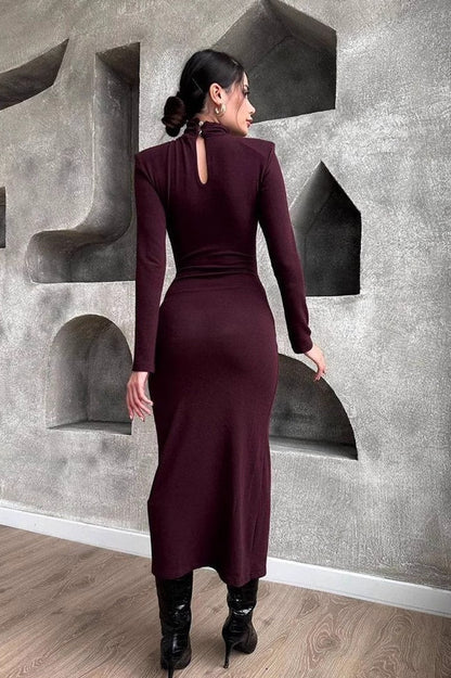 Mock Neck Long Sleeve Ring Hardware Ruched Wrap High Slit Maxi Dress