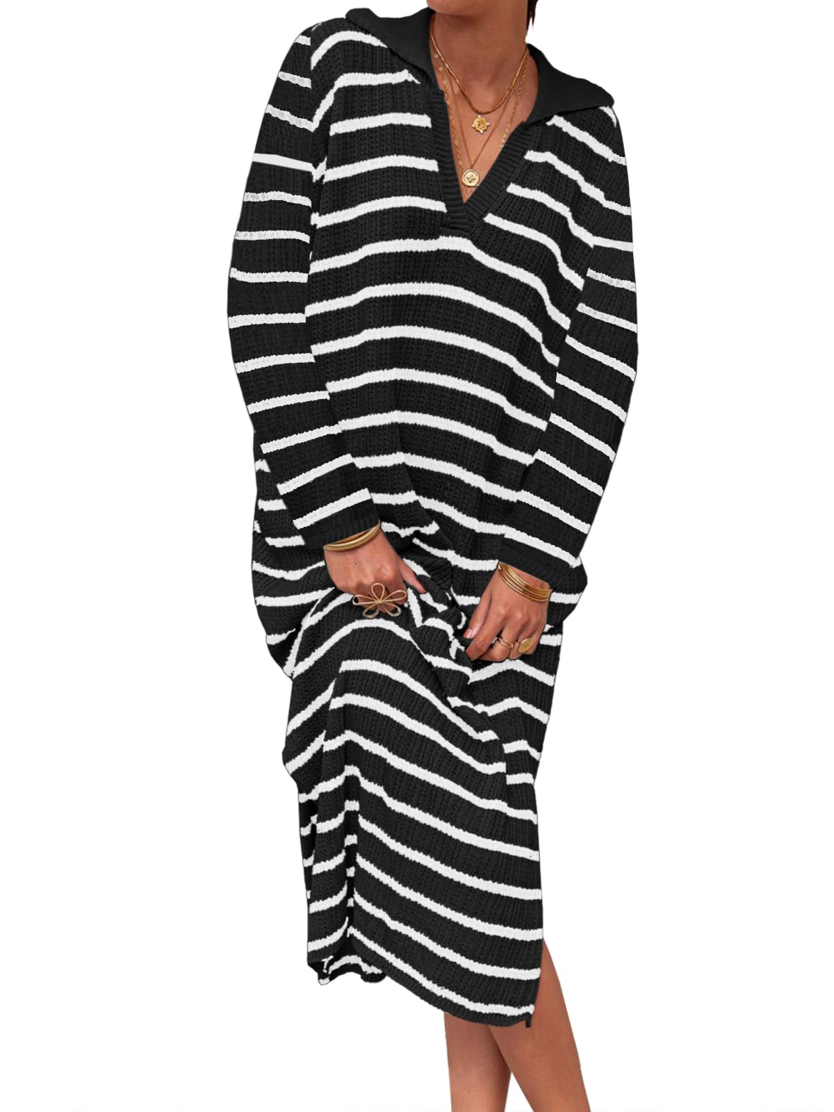 Fall Chunky Knit V Neck Collared Long Sleeve Sexy Slit Loose Midi Dresses