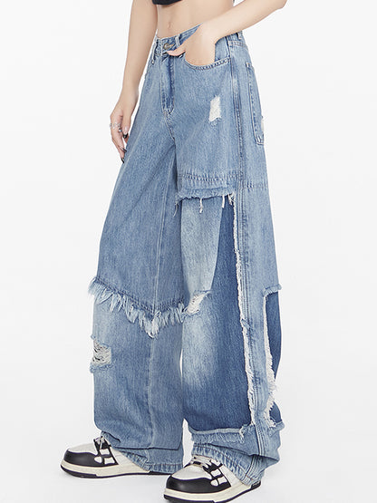 Niche slimming straight wide legs Ripped Jeans