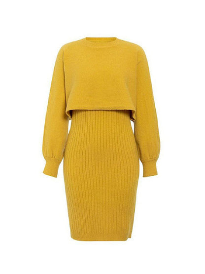 Long Sleeves Solid Color Round-Neck Sweater Top + Inner Dress Two Pieces Set