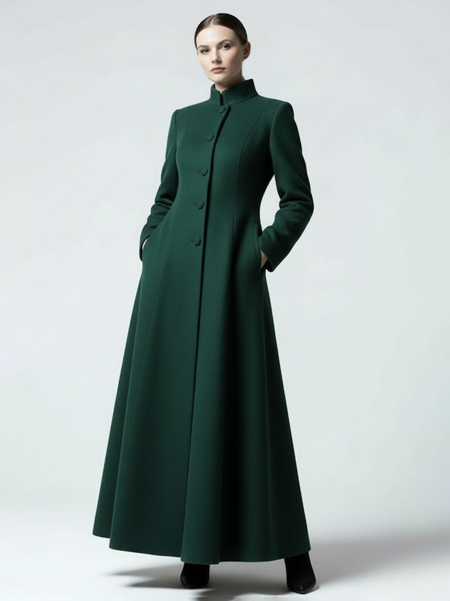 Maxi Wool Blend A-Line Coat with Stand Collar For Women 2026