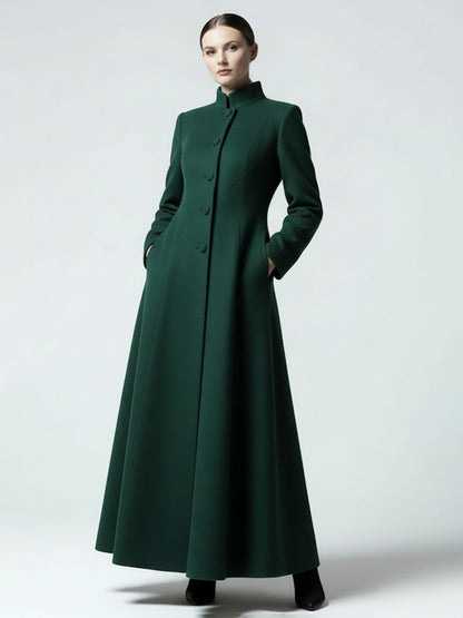 Maxi Wool Blend A-Line Coat with Stand Collar For Women 2026