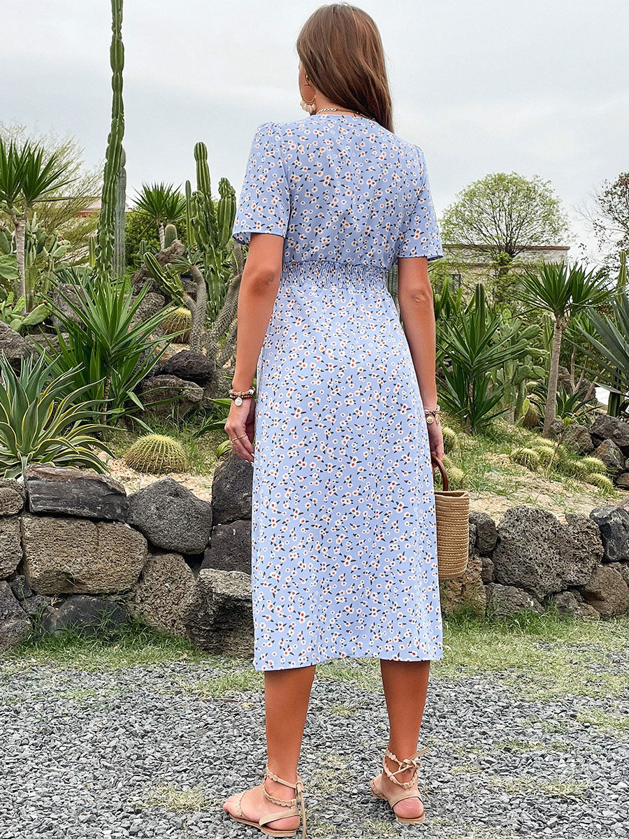Floral Print Classic V-Neck Midi Dress