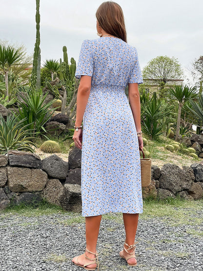 Floral Print Classic V-Neck Midi Dress