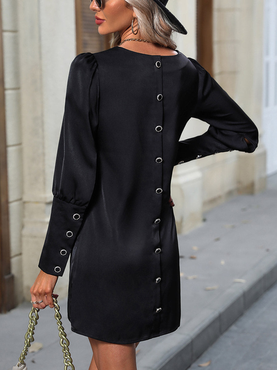 Mini Dresses Round Neck Puff Sleeves Short Dress In Black